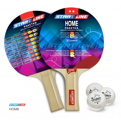 Набор для настольного тенниса Start Line, 2 ракетки HOME 2 *, 3 мяча Club Select 12202
