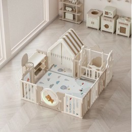 Манеж UNIX Kids DeLuxe House&Storage Camel 180 x 200 см, с игровым домиком, баскетбольной стойкой, доской для рисования, качелями + место для хранения игрушек