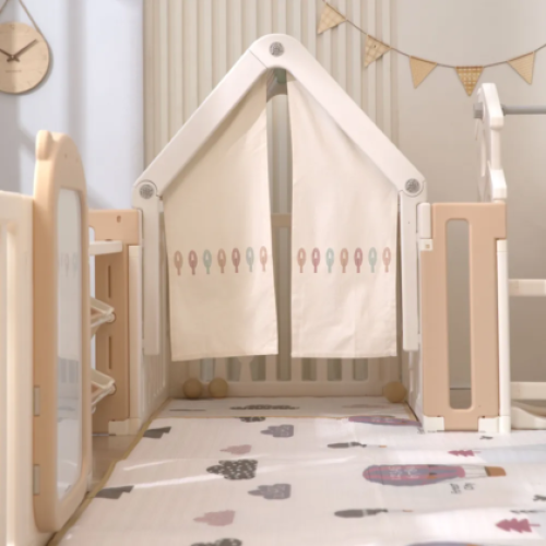 Манеж UNIX Kids DeLuxe House&Storage Camel, 150 x 180 см, с игровым домиком, баскетбольной стойкой, доской для рисования, качелями + место для хранения игрушек