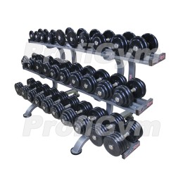 Гантельный ряд PROFIGYM обрезиненный, от 6 до 41 кг, шаг 2,5 кг (15 пар), на трехъярусном стеллаже длиной 220 см