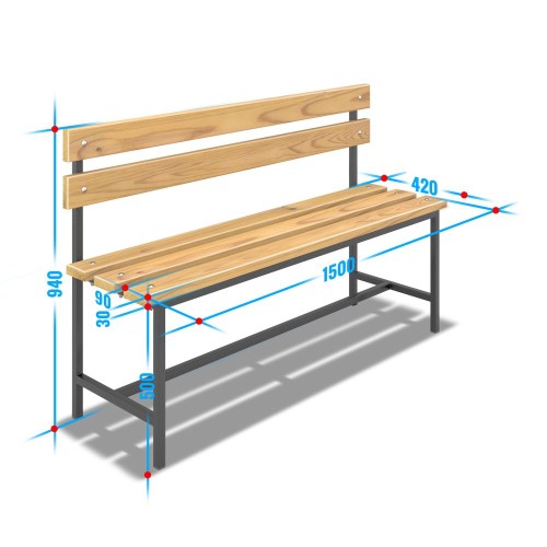 Скамейка для раздевалки жесткая со спинкой (L= 1500мм)