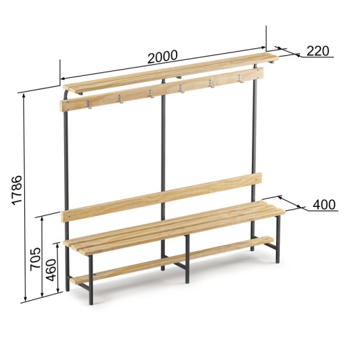 Скамейка с вешалкой для раздевалки с верхней полкой (L=2000)